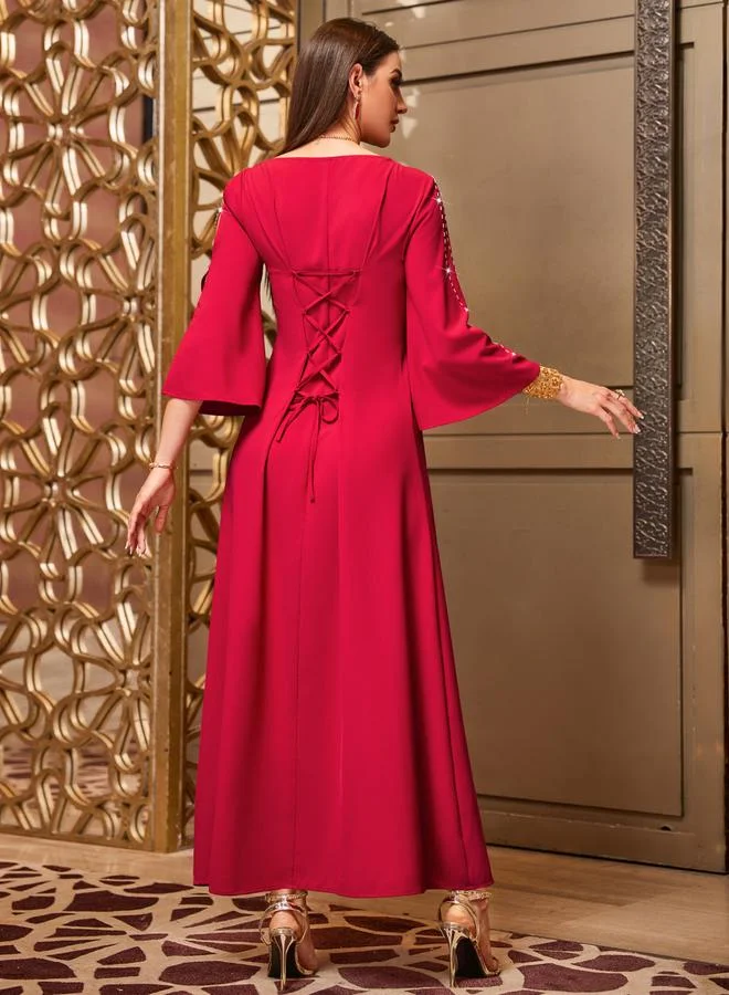 Take Two Women Red Rhinestone Embellished Cut-Out Sleeve Maxi Dress